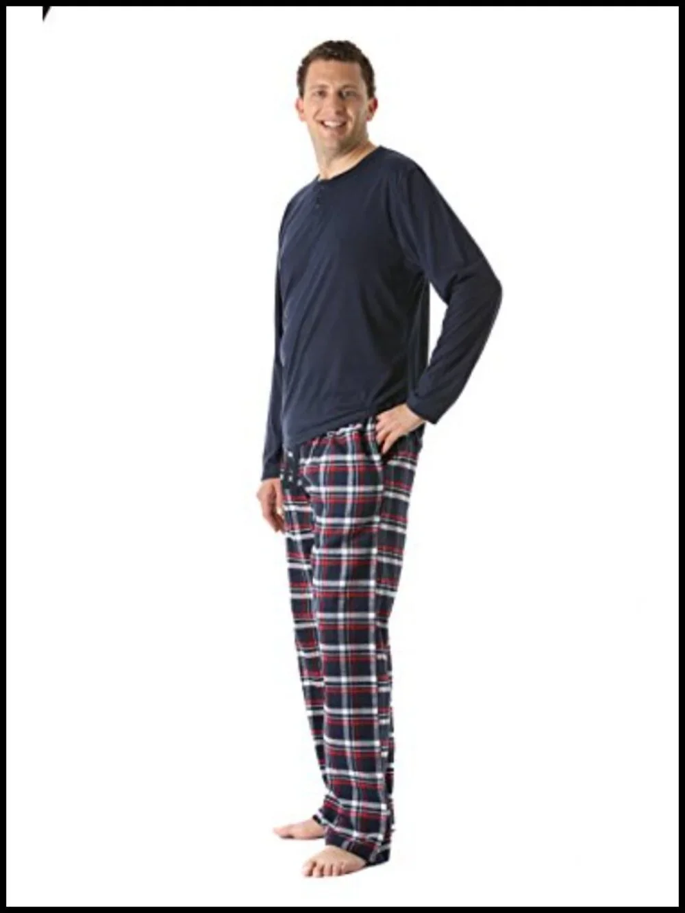 2-Piece Flannel Men's Pajama Set - Cotton Sleepwear 3-Button Henley Top & Pants